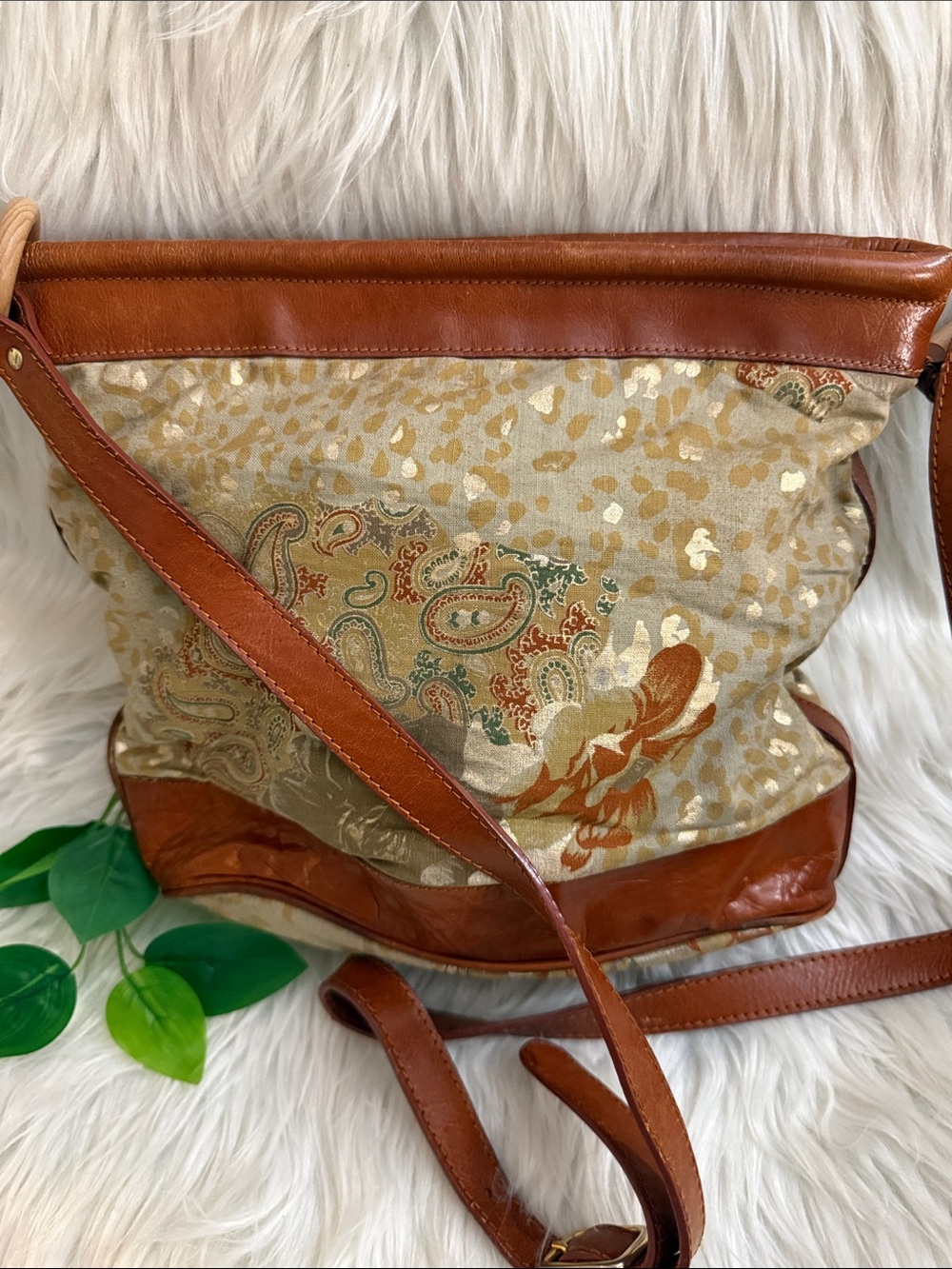 Ralph Lauren Vintage Neutral Gold Paisley CrossbodyBag with Genuine Leather Trim